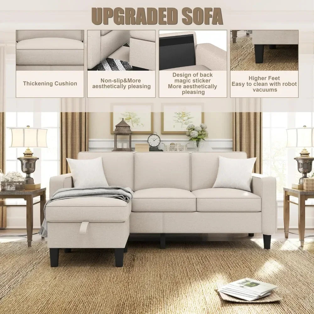 Modern Beige Linen Fabric Upholstered 3-Seat L-Shaped Sofa Couch Furniture Set Pockets for Living Room Small Space Apartment