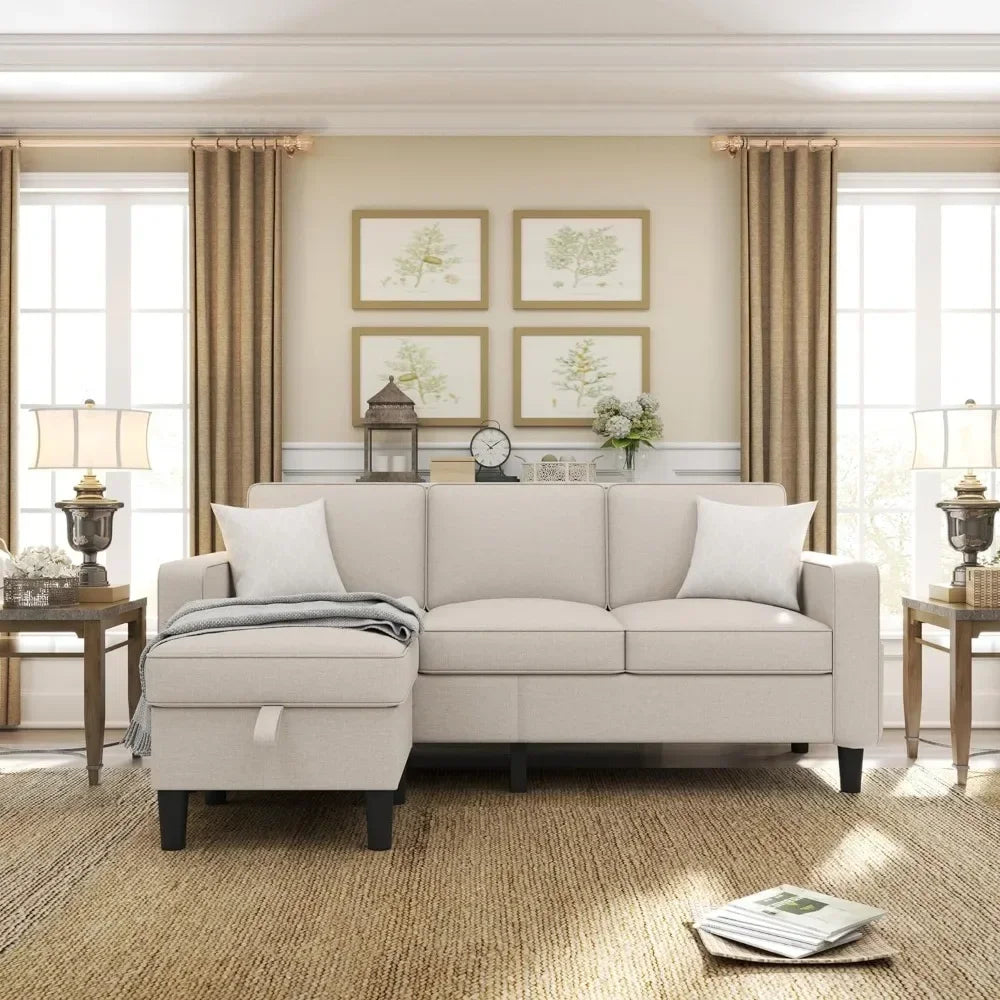 Modern Beige Linen Fabric Upholstered 3-Seat L-Shaped Sofa Couch Furniture Set Pockets for Living Room Small Space Apartment